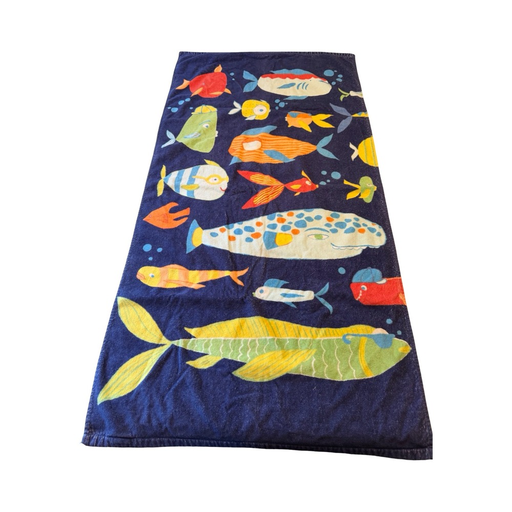 Pottery Barn Kids Navy Blue Cotton Fish Beach Towel 25x50 Ocean Sea Life